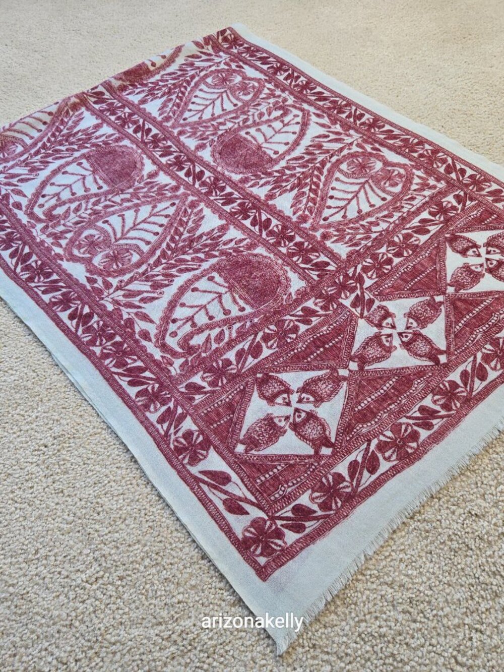 NWOT Lila Wool Lightweight Scarf With Fish Design Burgundy - Picture 12 of 15